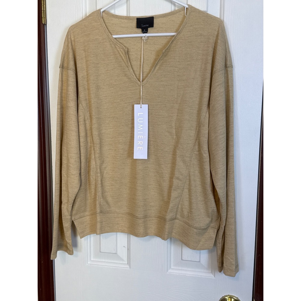 Lumiere Waffle Knit Top V-Neck Long‎ Sleeve Casual Relaxed Fit Beige M